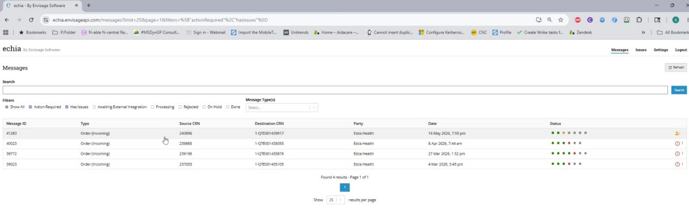 ECHIA error and exception management screen